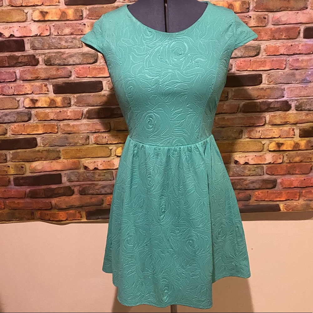 Green Floral Embossed Print Casual Skater Skirt Dress Pageant Picnic Date Fun
